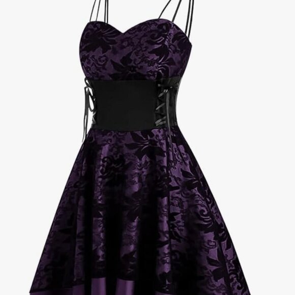 Spaghetti Strap Prom Dress Gothic High Low Floral Lace Bandage Corset Punk - Picture 1 of 7